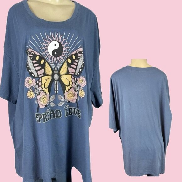 Vinyl Icons +5 Blue Crew Butterfly Floral Ying Yang Sun Graphic Short Sleeve Tee - Picture 1 of 6